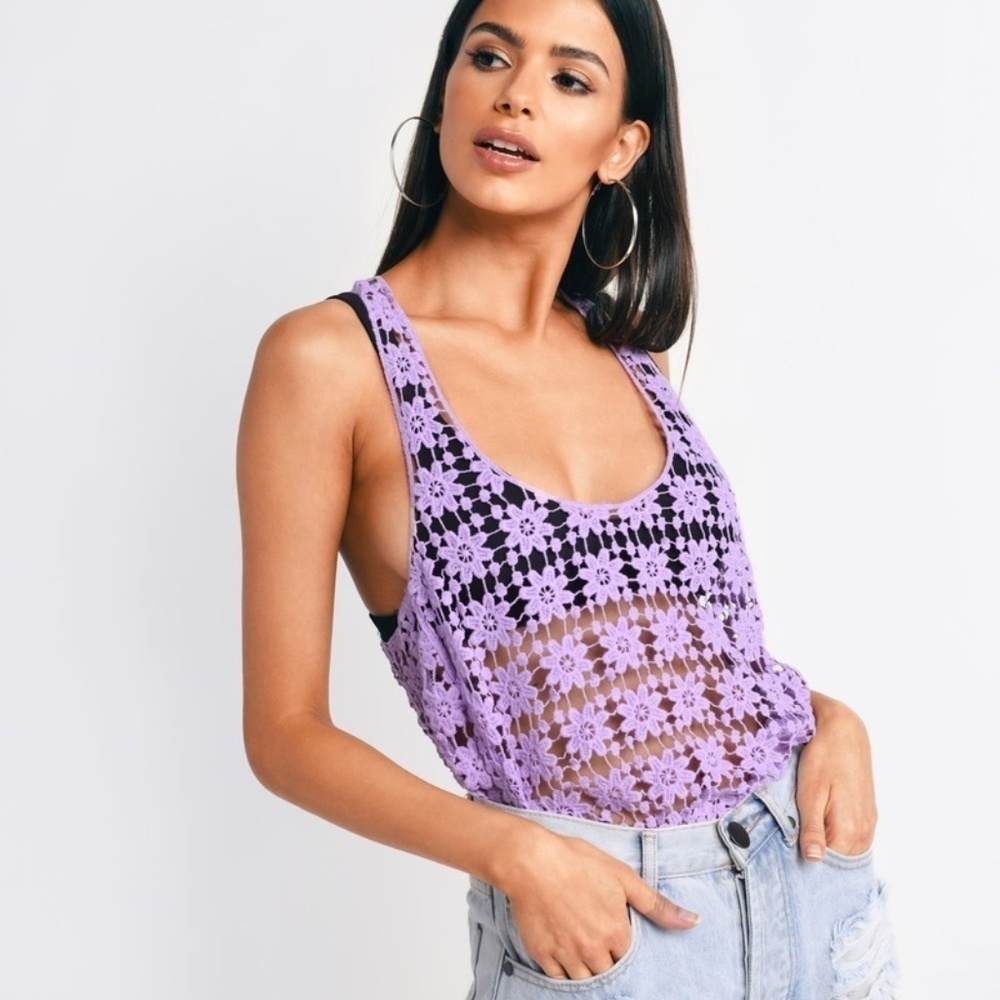 TOBI Purple Floral Crochet Festival Tank Top Med